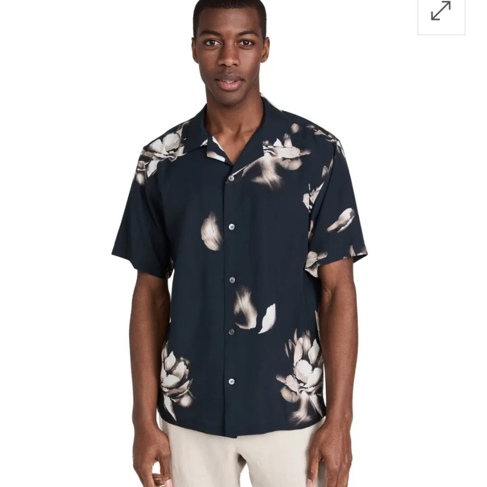 Theory Noll Short Sleeve Dark Navy Floral Button Up Camp Shirt